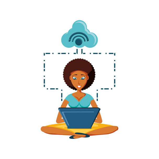 Frau schwarz sitzt mit Laptop und Cloud Computing - Vektor, Bild