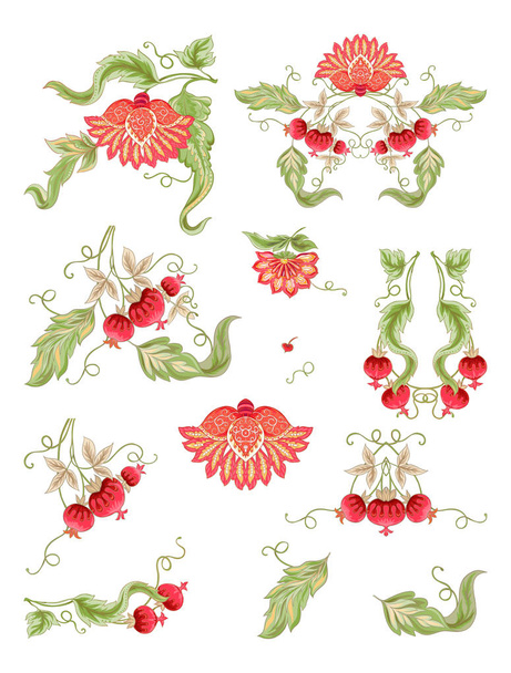 Set of tylized ornamental flowers in retro, vintage style. Jacobin embroidery. Colored vector illustration. Isolated on white background. - Vektör, Görsel