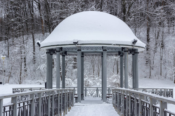 Pokryte śniegiem altana z metalu most w środku jeziora w parku zimowym podłoże - Zdjęcie, obraz