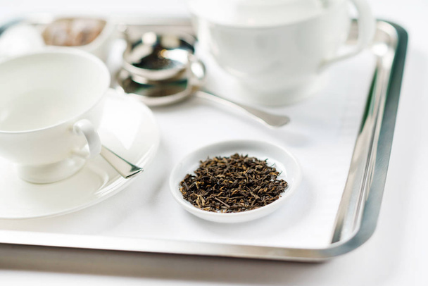 tea set on the silver tray, close up - Photo, Image