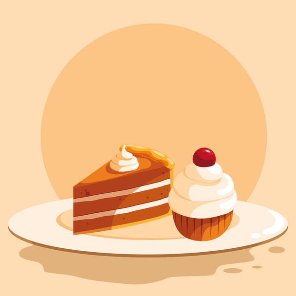 piece of cake and cupcake design - Vector, Image