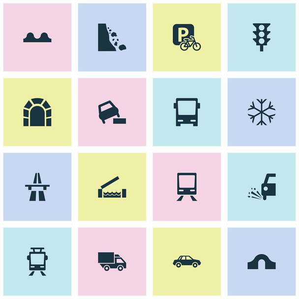 Transport ikony zestaw z ryzyka, rzeka, uważaj i inne elementy śliskie. Na białym tle wektor ilustracja transportu ikony. - Wektor, obraz