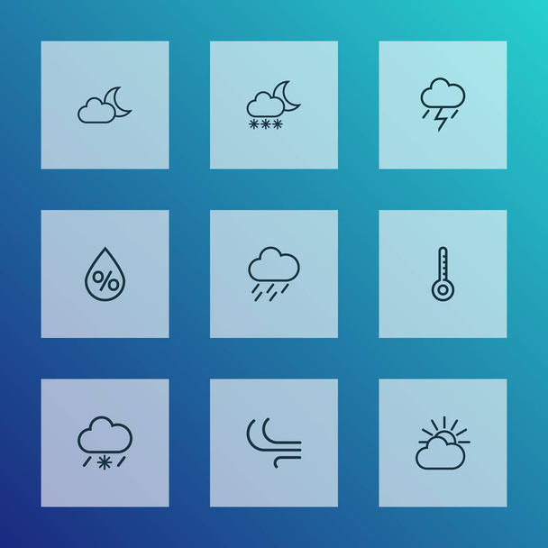 Clima ícones linha estilo definido com tempo frio, nevasca, luar e outros elementos drizzle. Isolado vetor ilustração climática ícones
. - Vetor, Imagem