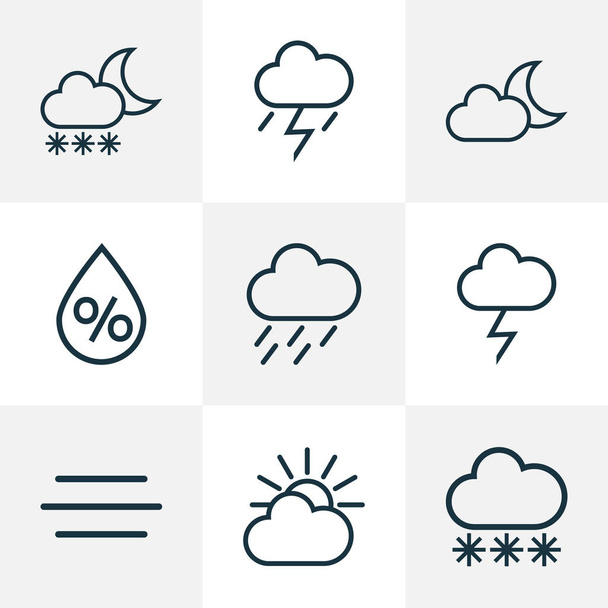 Style de ligne d'icônes de l'air avec tempête de pluie, brise, clair de lune et autres éléments du vent. Illustration isolée icônes aériennes
. - Photo, image