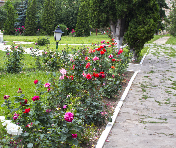 Κήπος Λάμπα τούβλο διάβαση λουλούδια - Φωτογραφία, εικόνα