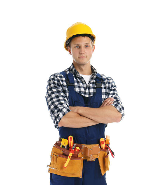 Electrician with tools wearing uniform on white background - Foto, immagini