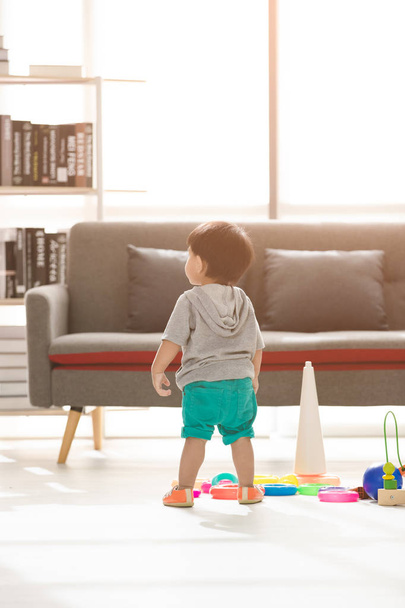 Backside studio portrait of happy Asian adorable, little toddler boy in grey T-shirt, short, standing and looking at something upwards, in cozy, bright light living room scattered with toys - Zdjęcie, obraz