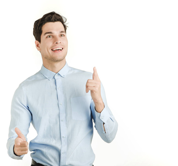 Young hipster office man feeling very happy excited fun, portrait shot isolated on white background. - 写真・画像