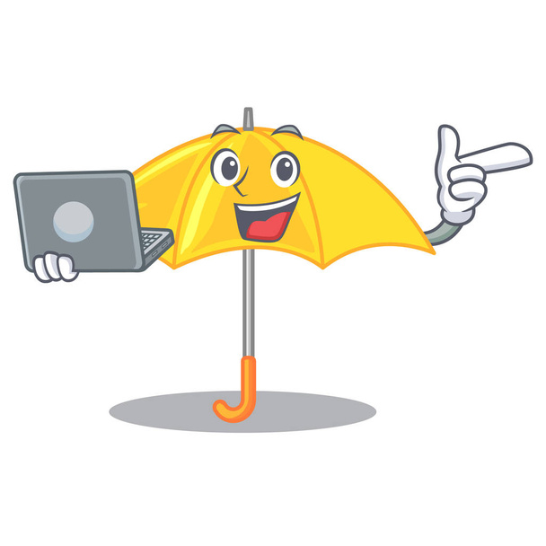 With laptop yellow umbrella isolated on a mascot vector illustration - Вектор,изображение