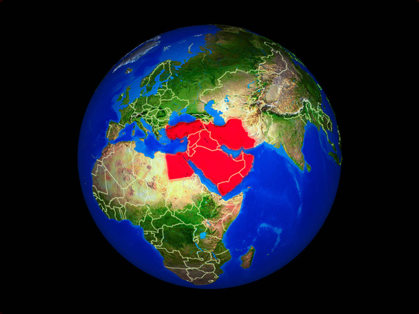 Μέση Ανατολή στον πλανήτη Γη με σύνορα χώρας. Εξαιρετικά λεπτομερής επιφάνεια του πλανήτη. εικονογράφηση 3D. Στοιχεία αυτής της εικόνας που διαθέτει η NASA. - Φωτογραφία, εικόνα