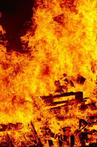 Fire flames on a bonfire. Fireman emergency. Danger combustion, emission - Photo, Image