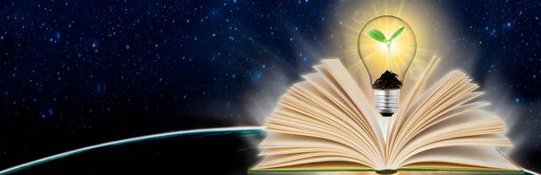 Buch aufschlagen und Glühbirne drüber. Wissen, Bildungskonzept - Foto, Bild