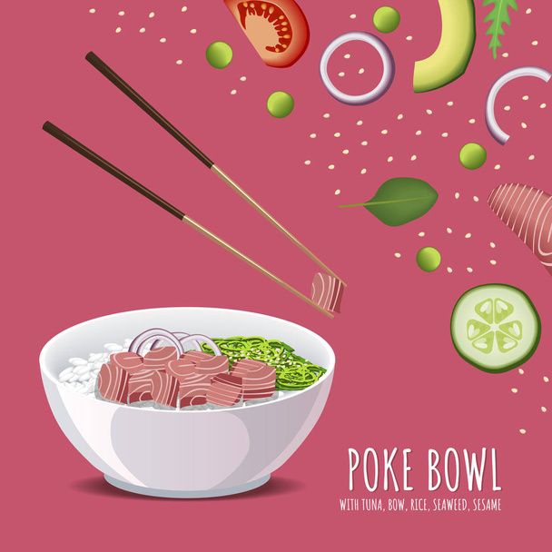 Hawaiian Poke Tuna Bowl, rice, radish, cucumber, greenery and sesame. Vector template for menu - Vector, Image