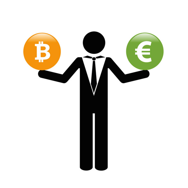 Geschäftsmann mit Bitcoin und Euro-Buttons - Vektor, Bild