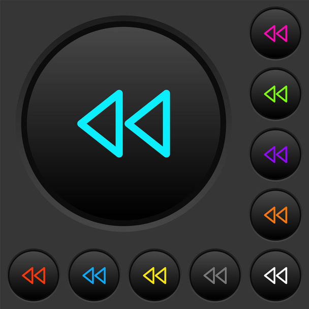 Media fast backward dark push buttons with vivid color icons on dark grey background - Vector, Image