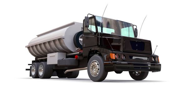 Duży czarny samochód ciężarowy cysterna z polerowanego metalu przyczepy. Widoki ze wszystkich stron. ilustracja 3D - Zdjęcie, obraz