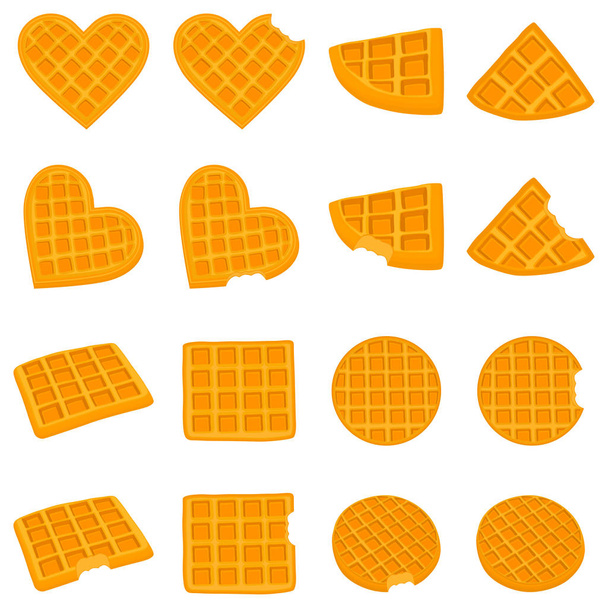Vektori kuvake kuva logo asettaa erilaisia makeita vohveleita. Vohvelikuvio koostuu viipaleesta erilaisia jälkiruoka makeisia, vohveli suklaalla. Syö maukasta vohvelia suklaan peitossa
 - Vektori, kuva