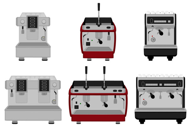 Illustration on theme big colored set different types coffee machine, different size makers. Coffee machine pattern consisting of collection accessory to maker. Maker, coffee machine for fresh coffee. - Vector, Imagen