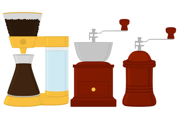 Illustratie op thema grote gekleurde set verschillende soorten houten koffiemolen, slijpmachines van verschillende grootte. Molen patroon bestaande uit collectie accessoire aan koffiemolen in keuken. Koffiemolen als grinder - Vector, afbeelding