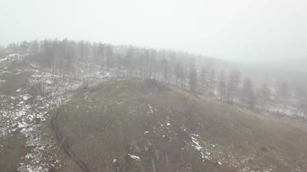 Snowing in nature. Aerial view. Drone flying over hills forest. - Felvétel, videó