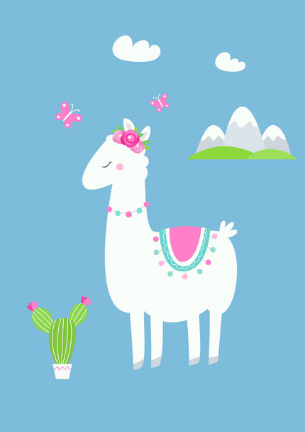 Linda Llama o Alpaca con Cactus, Flores y Montañas Vector Illustration
 - Vector, Imagen