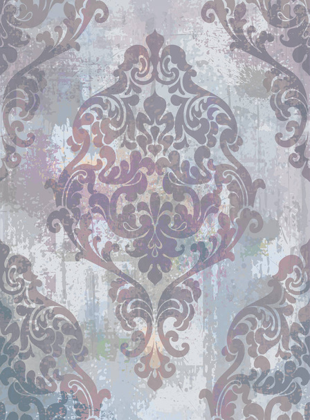 Damask tekstury grunge tło Vector. Kwiatowy ornament dekoracja wzór z efektem starych plam. Wiktoriański wygrawerowany wzór retro. Fioletowe kolory - Wektor, obraz