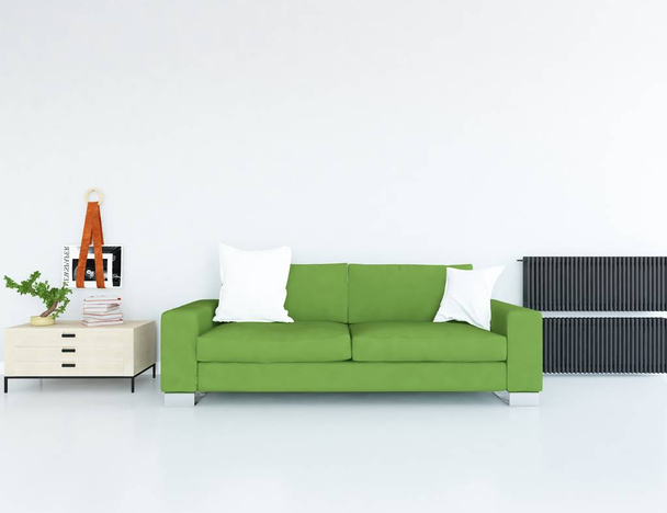 Skandináv nappali kanapéval, növényi és fa padló belső gondolatát. Otthoni skandináv belső. 3D-s illusztráció  - Fotó, kép