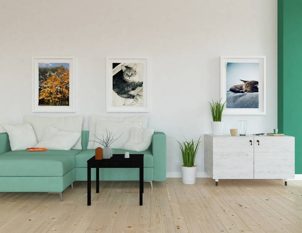 Idea of a  scandinavian living room interior with sofa ,plants and wooden floor  . Home nordic interior. 3D illustration  - Foto, Imagem