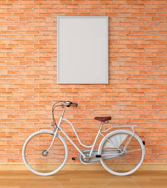 Blank photo frame for mockup on wall and white bicycle, 3D rendering - Фото, зображення