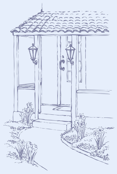 Ilustracja wektorowa. ścieżka do ganku przytulnym domu - Wektor, obraz