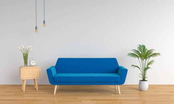 голубой диван для макета в белой гостиной, 3D рендеринг
 - Фото, изображение