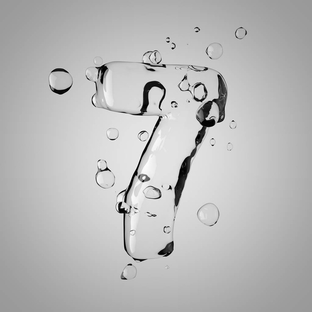 3D water nummer 7. 3D rendering transparant water lettertype met druppels. - Foto, afbeelding