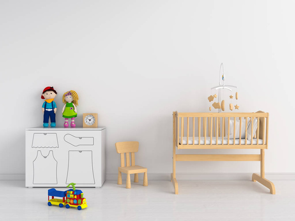 Weißes Kinderzimmer-Interieur für Attrappen, 3D-Rendering - Foto, Bild