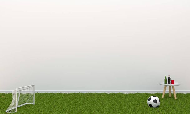 ミニチュアサッカーボールと雲 スポーツの賭けの概念と青の背景の門を持つサッカー場 ロイヤリティフリー写真 画像素材