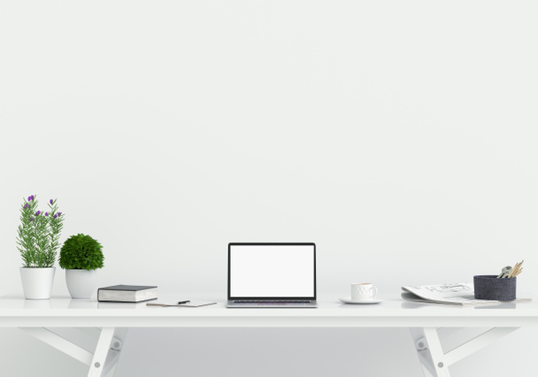 Дисплей ноутбука для макета на столе в белой комнате и пустого текста, 3D рендеринг
 - Фото, изображение