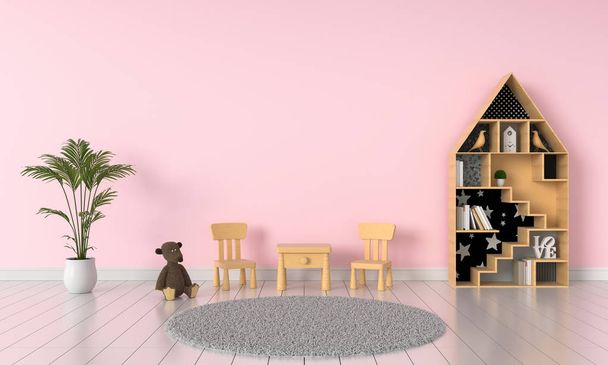 Vaaleanpunainen lastenhuone sisustus mockup, 3D renderöinti
 - Valokuva, kuva