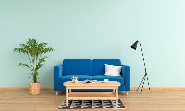 sofá azul y lámpara en el interior de la sala de estar, representación 3D
 - Foto, Imagen