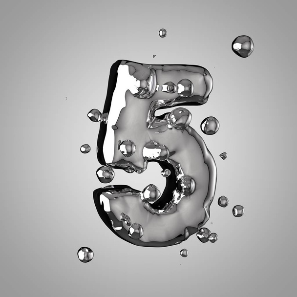 3D mercury number 5. 3D rendering liquid metal font with drops. - Photo, Image