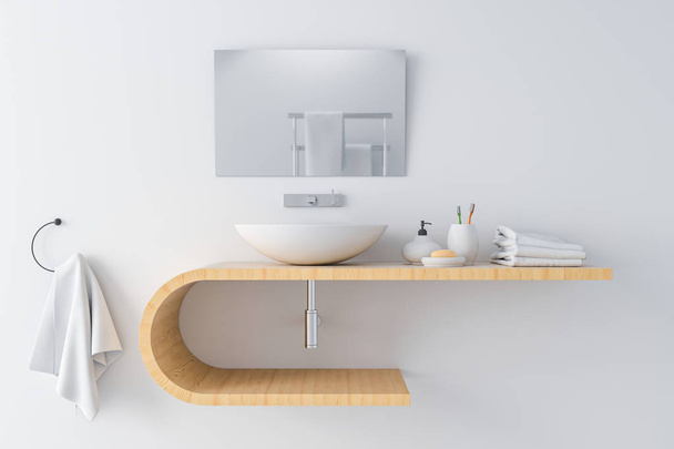 weißes Waschbecken auf Holzregal und Spiegel an der Wand, 3D-Rendering - Foto, Bild