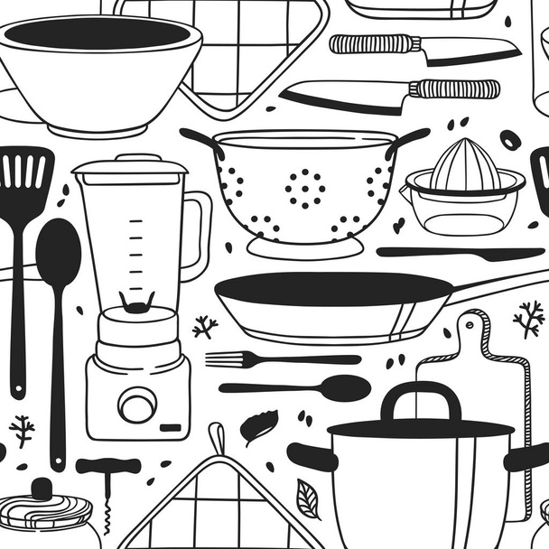 De hand getekende illustratie koken gereedschap, gerechten en voedsel. Creatieve inkt kunstwerk. Werkelijke vector tekening. Keuken set - Vector - Vector, afbeelding