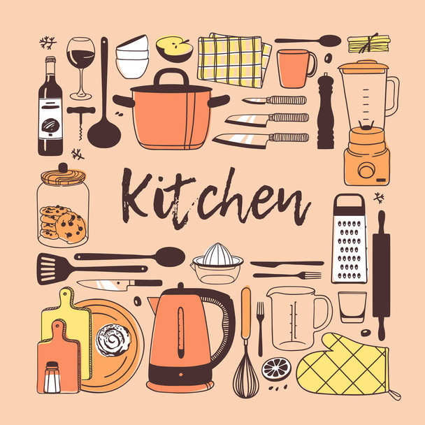 handgezeichnete Illustration Kochwerkzeuge, Geschirr und Lebensmittel. kreative Tintenkunstwerke. tatsächliche Vektorzeichnung. Küchensatz - Vektor - Vektor, Bild
