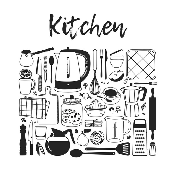 De hand getekende illustratie koken gereedschap, gerechten en voedsel. Creatieve inkt kunstwerk. Werkelijke vector tekening. Keuken set - Vector - Vector, afbeelding