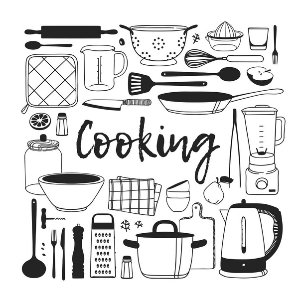 Ilustracja gotowania, narzędzia, naczynia i żywności. Dzieła sztuki twórczej atramentu. Rzeczywiste wektor rysunek. Zestaw kuchenny - wektor - Wektor, obraz