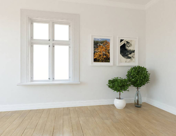 Idea of  empty scandinavian room interior with plants on wooden floor  . Home nordic interior. 3D illustration - Illustration - Foto, Imagem