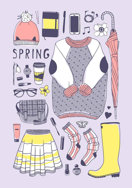 Hand drawn fashion illustration. Creative ink art work. Actual vector drawing spring look. Street wear set for spring look - Vetor, Imagem