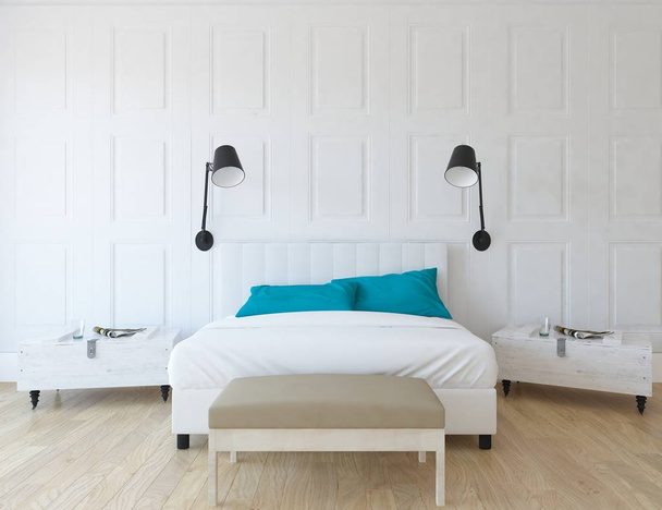 Η ιδέα του εσωτερικού Σκανδιναβική σαλόνι με κρεβάτι και ξύλινο δάπεδο. Αρχική Σκανδιναβικές εσωτερικό. 3D απεικόνιση  - Φωτογραφία, εικόνα