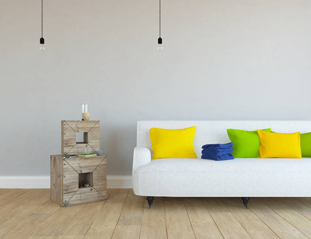 Idee eines skandinavischen Wohnzimmers mit Sofa auf dem Holzboden und Dekor an der großen Wand. Heimat nordischen Inneren. 3D Illustration - Illustration - Foto, Bild