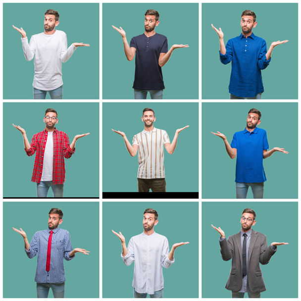 Collage of handsome young man over green isolated background clueless and confused expression with arms and hands raised. Doubt concept. - Fotoğraf, Görsel