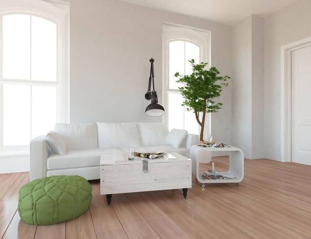 Idee einer skandinavischen Wohnzimmereinrichtung mit Sofa, Pflanze und Holzboden. Heimat nordischen Inneren. 3D-Illustration  - Foto, Bild