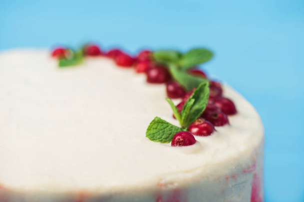 cake decorated with red currants and mint leaves isolated on blue - Fotó, kép
